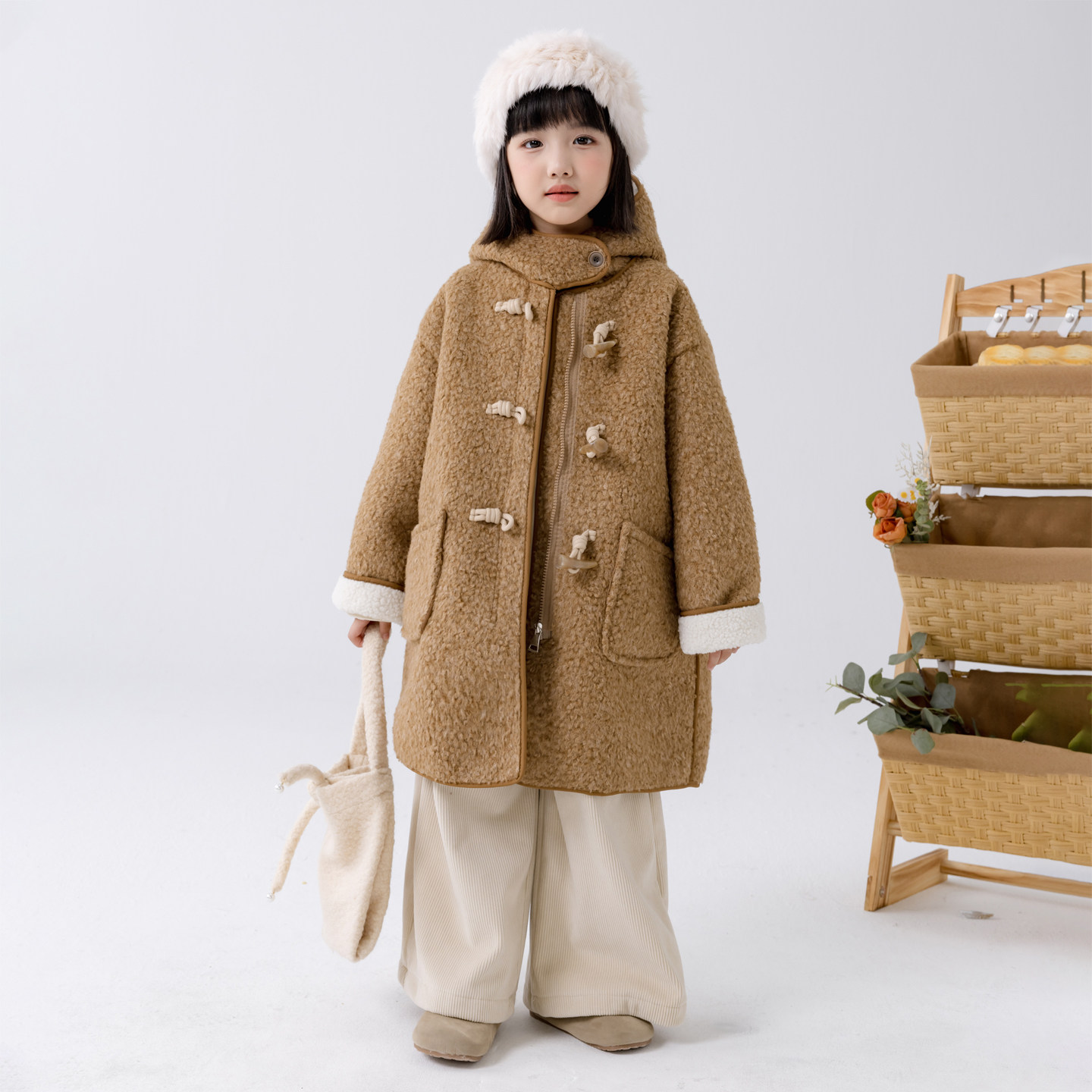 哈依鲁2025冬季新款女童长款呢子大衣儿童中大童时尚连帽毛呢外套