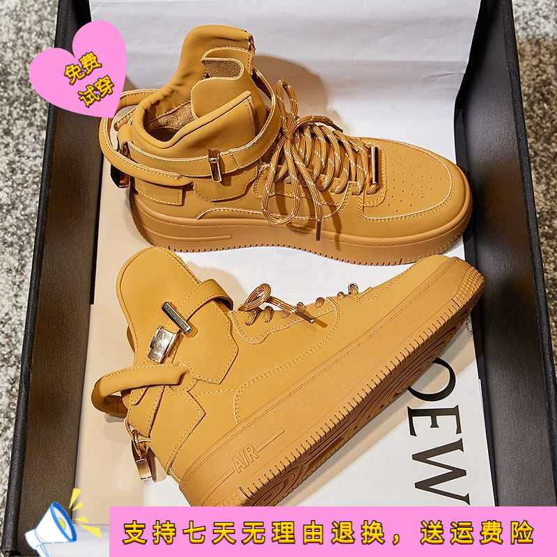 真皮高帮女鞋春季新款休闲厚底板