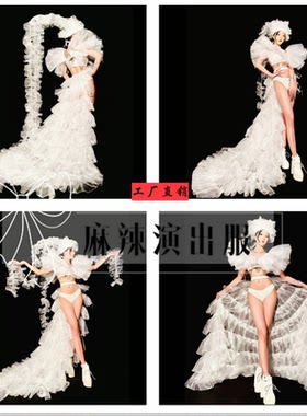 白色gogo唯美长拖尾作秀演出服