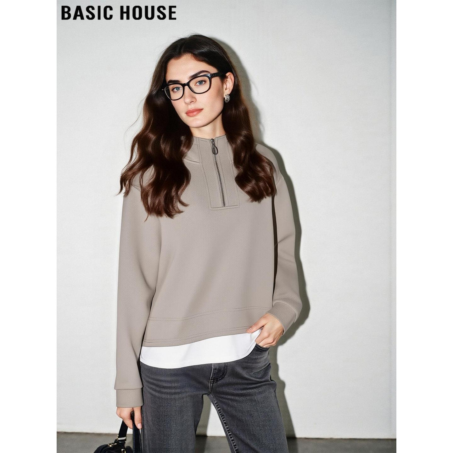 Basic House/百家好半拉链连帽卫衣女冬季加绒加厚假两件内搭上衣
