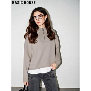 Basic House/百家好半拉链连帽卫衣女冬季加绒加厚假两件内搭上衣