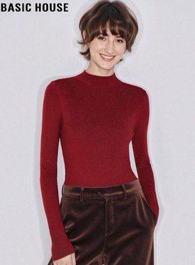 Basic House/百家好红色半高领针织衫女士冬季内搭修身软糯打底衫