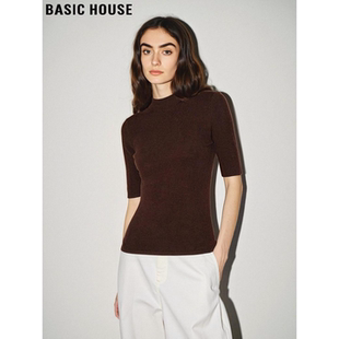 针织衫 百家好咖色立领冰丝中袖 女士夏季 修身 上衣 Basic 半袖 House