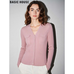 Basic House/百家好粉色V领针织开衫女2026春季新款修身别致上衣