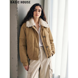 Basic House/百家好90鸭绒翻领羽绒服女冬季宽松保暖短款毛领外套