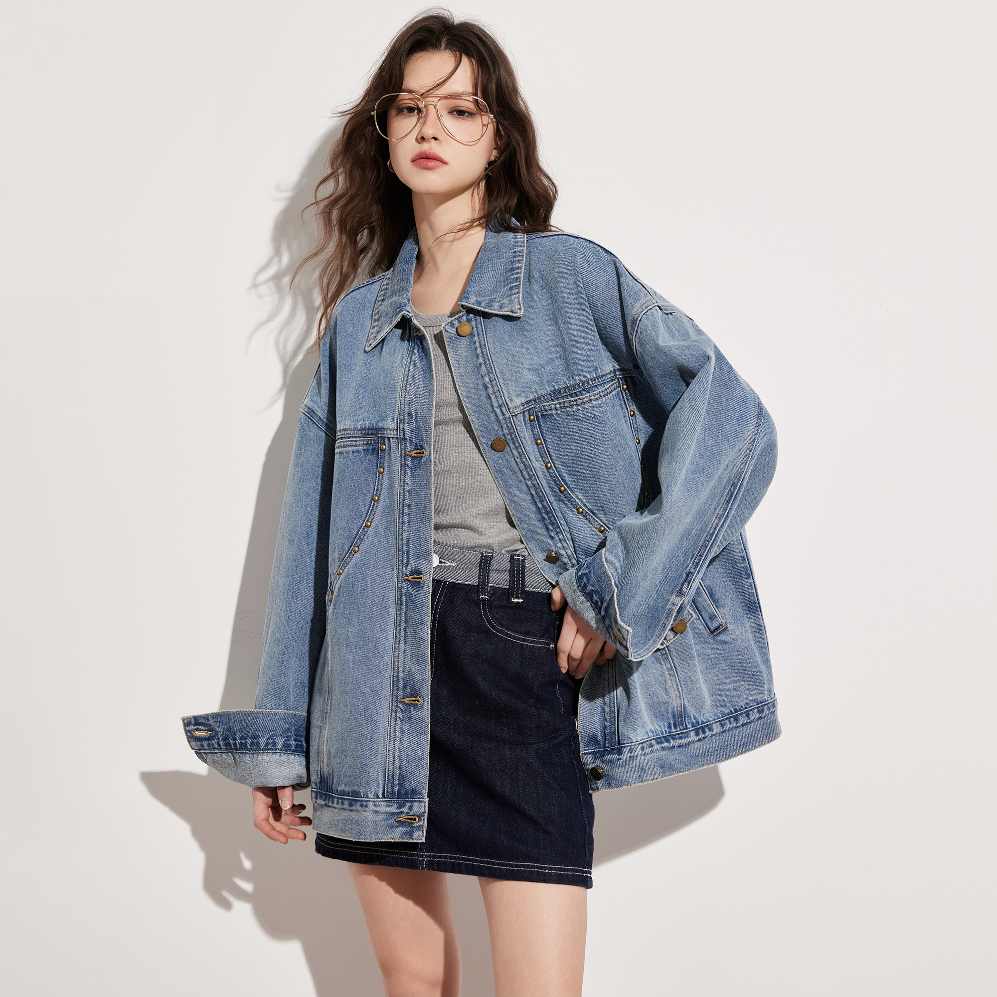 丹宁蓝牛仔外套中长款休闲夹克女