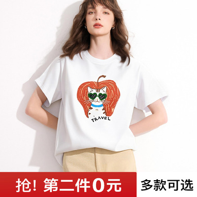 【冲量149两件】Basic House/百家好印花T恤女宽松休闲短袖100%棉