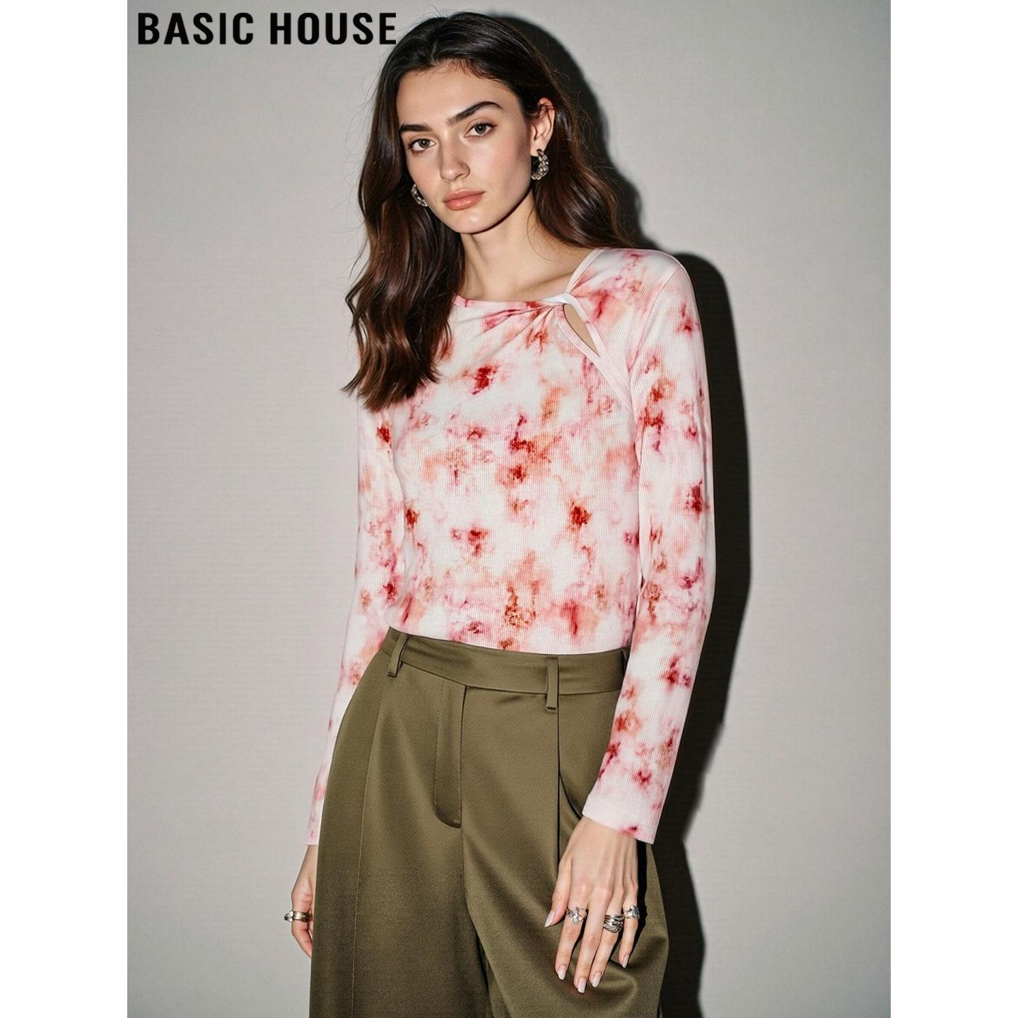 Basic House/百家好粉色晕染长袖T恤女士2026春季新款设计感上衣,女装/女士精品,T恤,淘宝优惠券,粉丝福利购,淘宝优惠卷