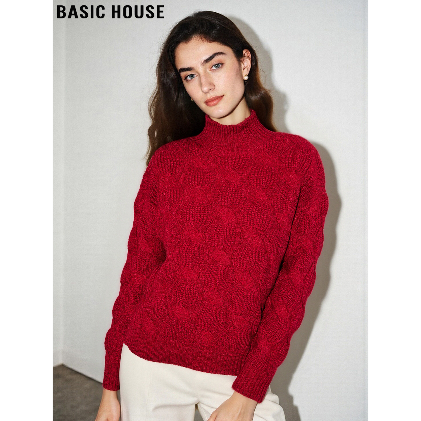 Basic House/百家好新年红半高领羊毛针织衫女冬加厚麻花毛衣外套