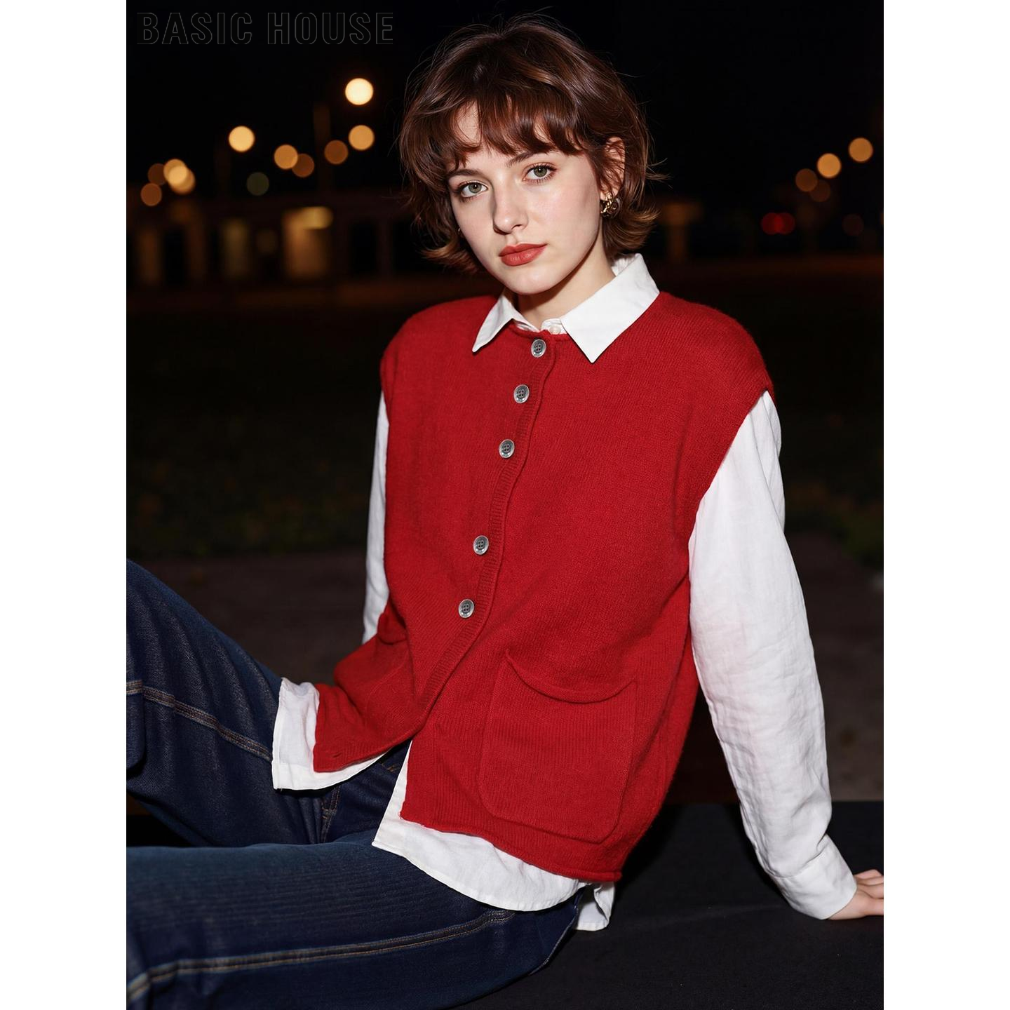 Basic House/百家好红色羊毛针织马甲背心女2026春季新款叠穿开衫