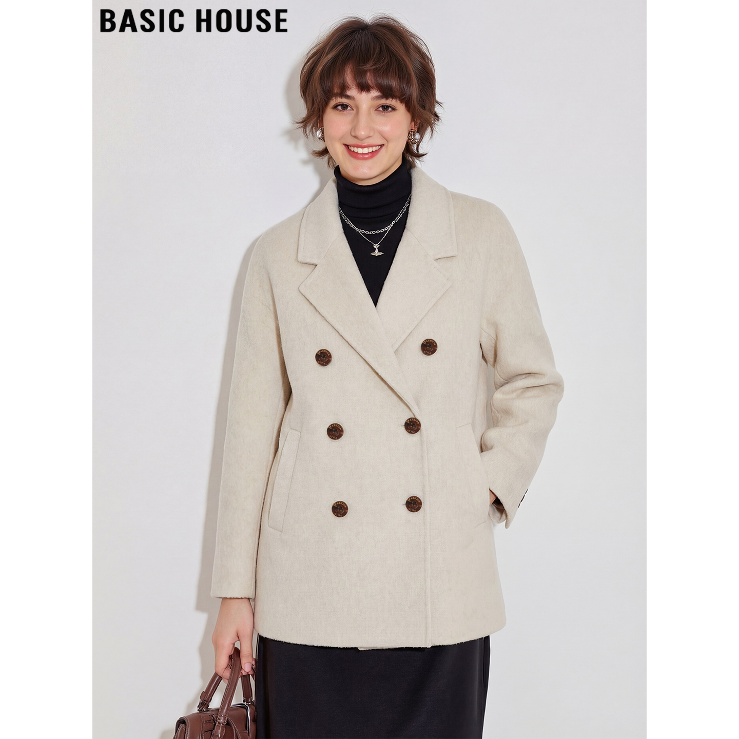 Basic House/百家好米白色高级感毛呢外套女冬加厚中长款羊毛大衣,女装/女士精品,毛呢外套,淘宝优惠券,粉丝福利购,淘宝优惠卷