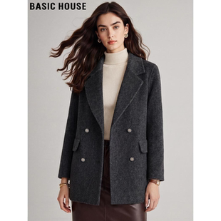 Basic House/百家好高级感灰色毛呢外套女冬中长款加厚羊毛呢大衣