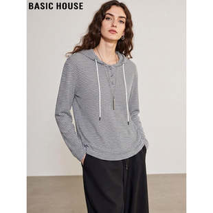 薄款 Basic T恤女春季 百家好条纹连帽亚麻长袖 宽松棉麻上衣 House