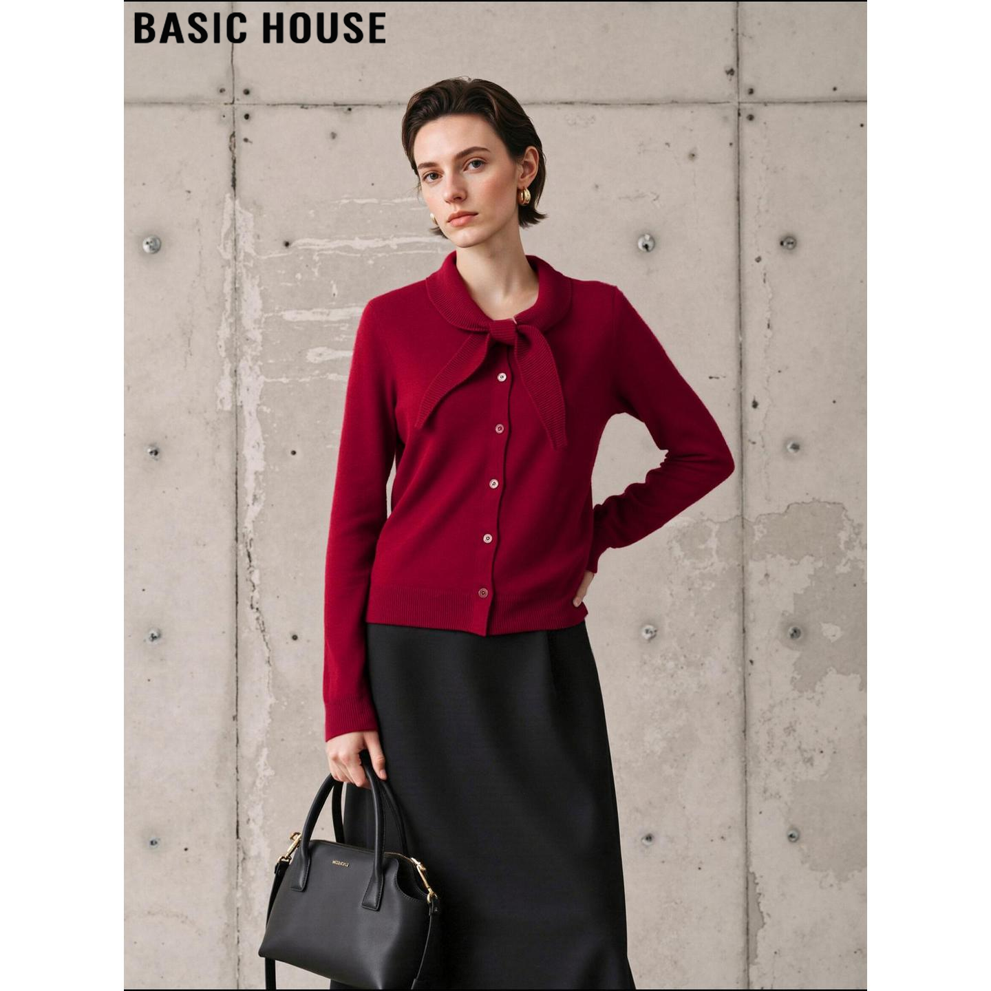 Basic House/百家好100%羊毛红色系带领针织衫女春季修身软糯毛衣