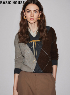 Basic House/百家好美拉德咖色菱格毛衣女2025秋冬蕾丝边立领上衣