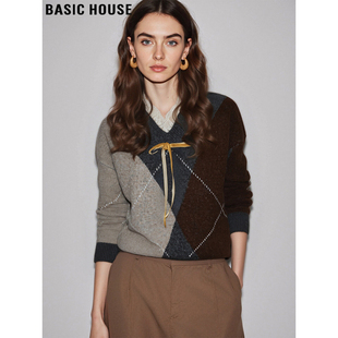 蕾丝边立领上衣 百家好美拉德咖色菱格毛衣女2026春季 Basic House