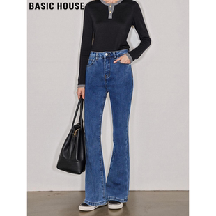 Basic House/百家好复古蓝加绒微喇叭牛仔裤女冬季显腿长马蹄裤子