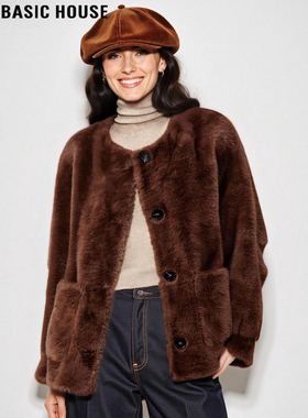 Basic House/百家好复古美拉德环保皮草女士冬季加厚保暖毛毛大衣