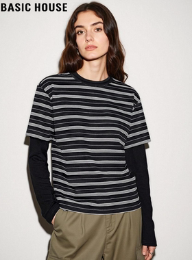 Basic House/百家好条纹撞色假两件T恤女士春季新款休闲长袖上衣