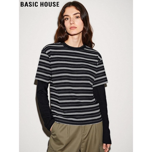 休闲长袖 Basic 新款 百家好条纹撞色假两件T恤女士春季 上衣 House