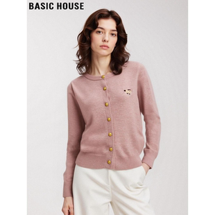 Basic House/百家好粉色小马刺绣针织衫女士2026春季新款软糯毛衣