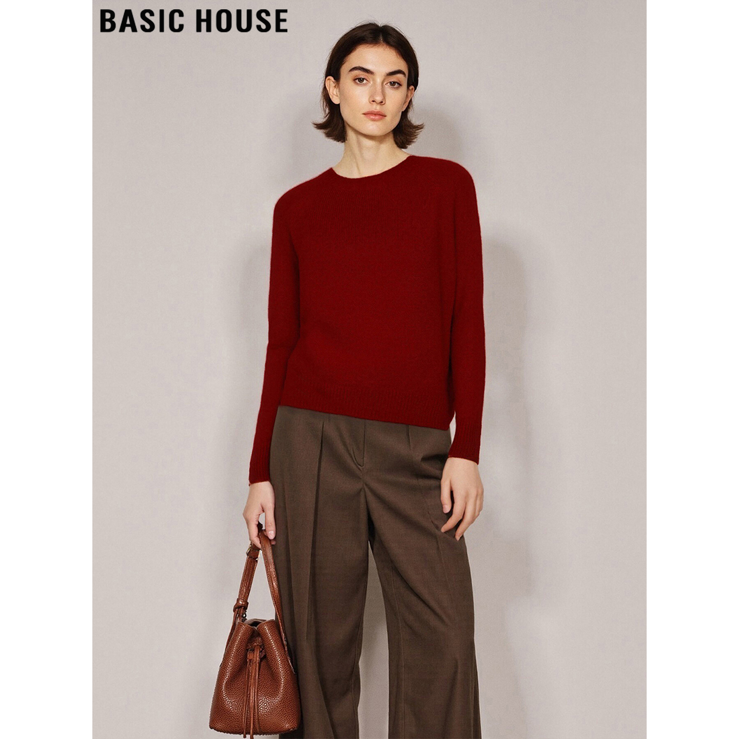 百家好软糯圆领红色针织衫女打底