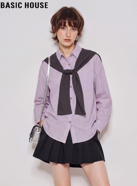 Basic House/百家好紫色条纹衬衫女2026春季新款披肩翻领叠穿衬衣