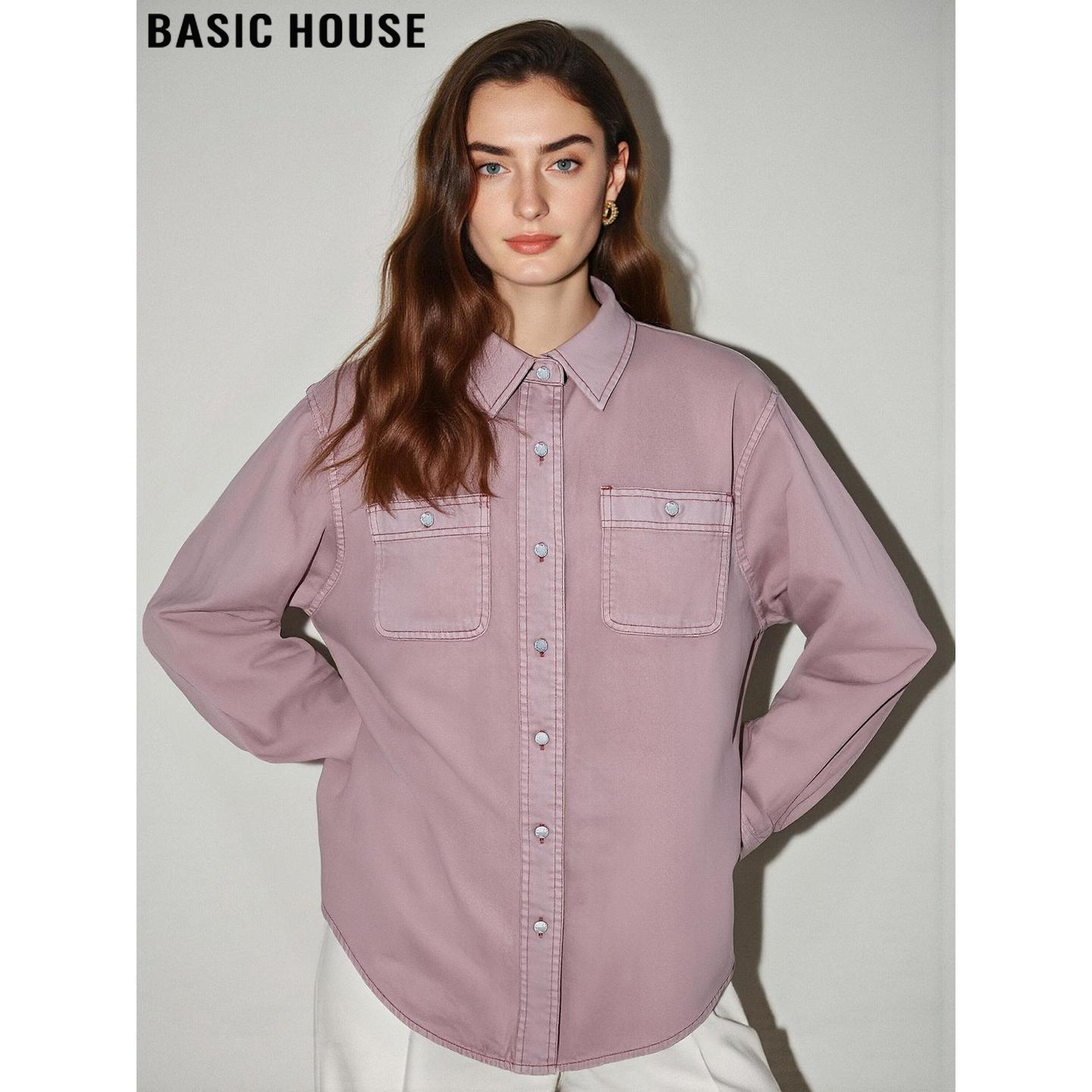 Basic House/百家好粉色翻领牛仔衬衫女2026春季新款长袖牛仔外套