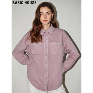 House 长袖 百家好粉色翻领牛仔衬衫 新款 牛仔外套 女2026春季 Basic