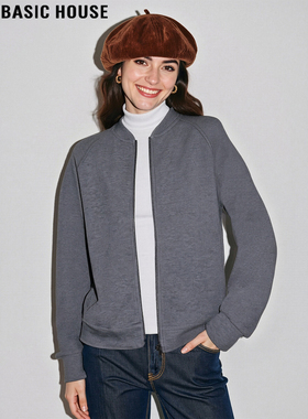 Basic House/百家好花灰色圆领卫衣外套女秋冬宽松慵懒风拉链开衫