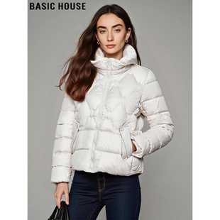 Basic House/百家好米色90鸭绒羽绒服连帽短款保暖外套女2025冬季