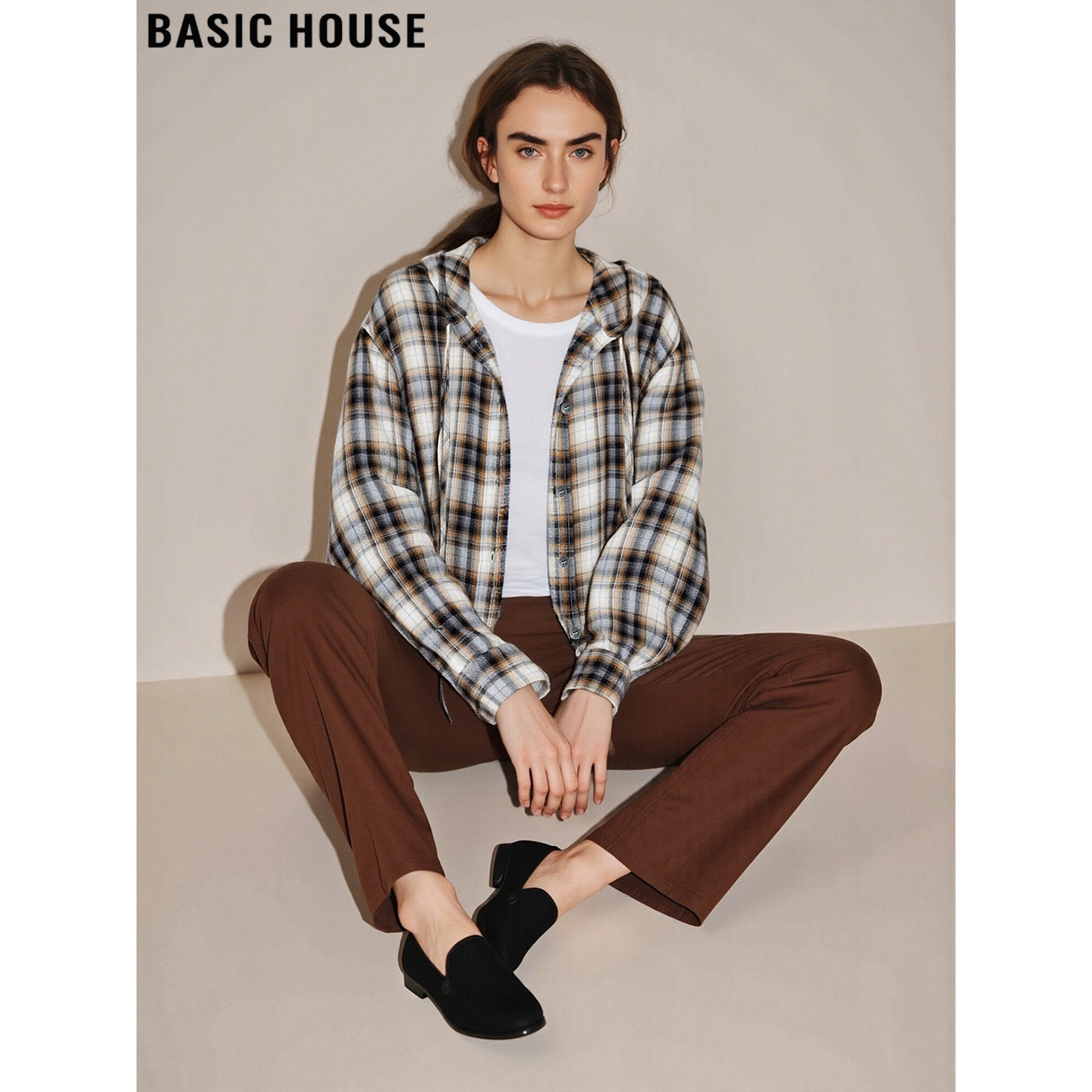 百家好复古格子衬衫连帽外套女