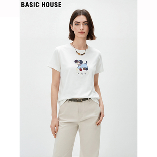 T恤女夏季 百家好小狗刺绣纯棉短袖 圆领正肩体恤上衣 House Basic