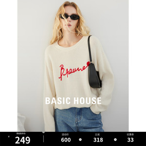 Basic House/百家好圆领针织衫女春季新款宽松慵懒设计感字母毛衣