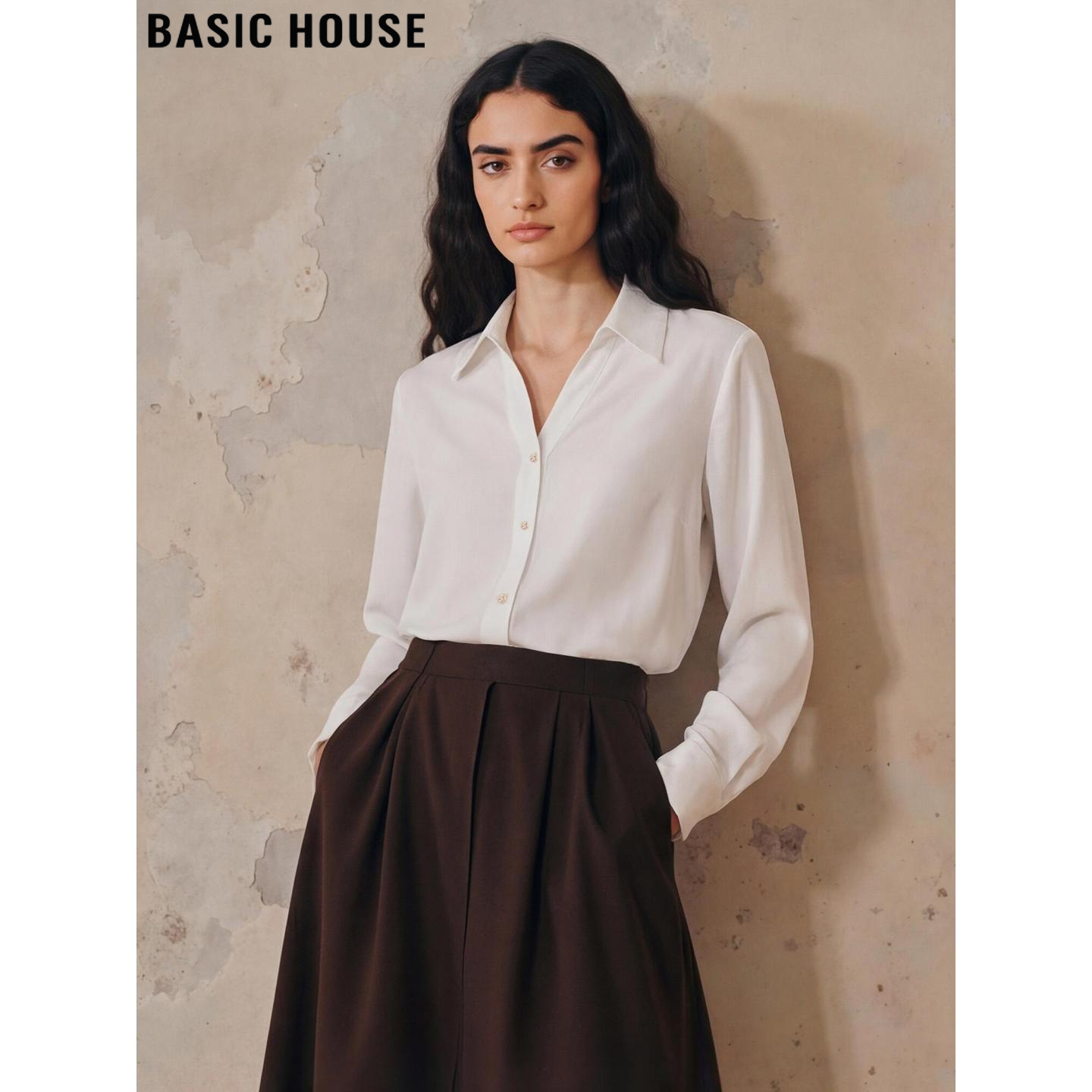 Basic House/百家好白色翻领长袖衬衫女2026春季新款法式气质衬衣,女装/女士精品,衬衫,淘宝优惠券,粉丝福利购,淘宝优惠卷