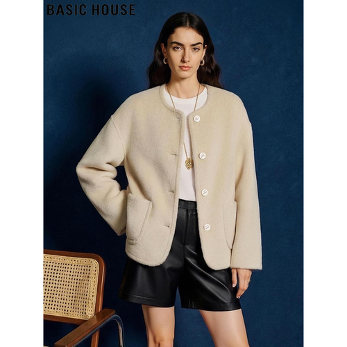 百家好圆领加厚双面羊毛呢外套女