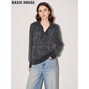 慵懒风V领针织衫 百家好深灰色软fufu翻领毛衣女春季 House Basic
