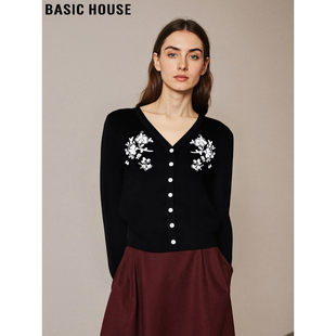新款 Basic 女2026春季 百家好黑色V领针织开衫 通勤印花上衣 House