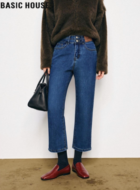 Basic House/百家好复古蓝加厚九分牛仔裤女春高腰显瘦直筒烟管裤