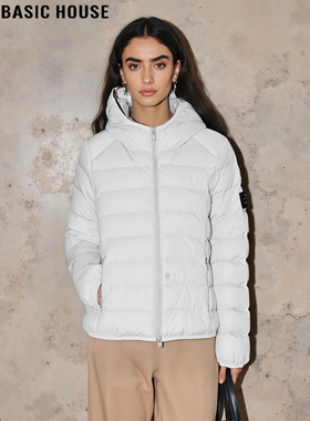 Basic House/百家好白色90鸭绒连帽羽绒服女2025冬季加厚保暖外套