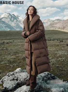 Basic House/百家好长款过膝羽绒服女冬季加厚90白鸭绒面包服外套