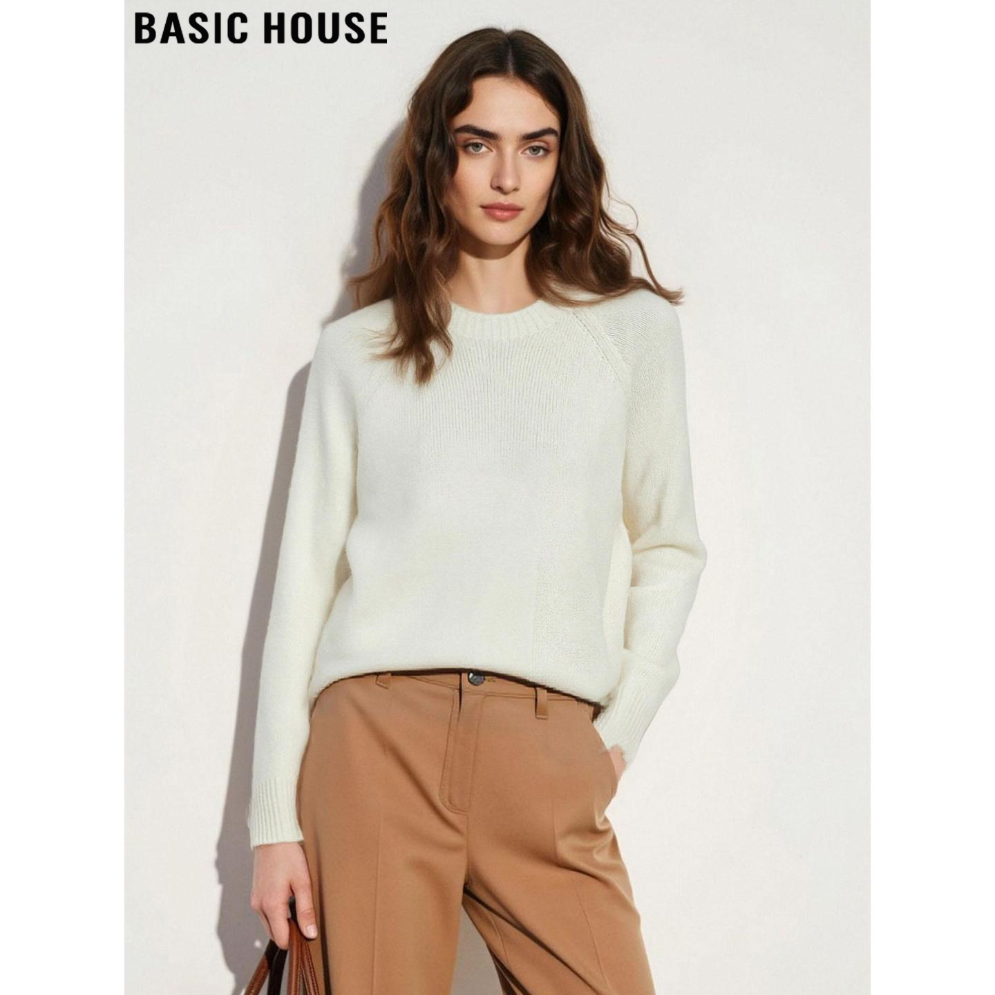 Basic House/百家好100%羊毛米白色圆领针织衫女冬季宽松软糯毛衣