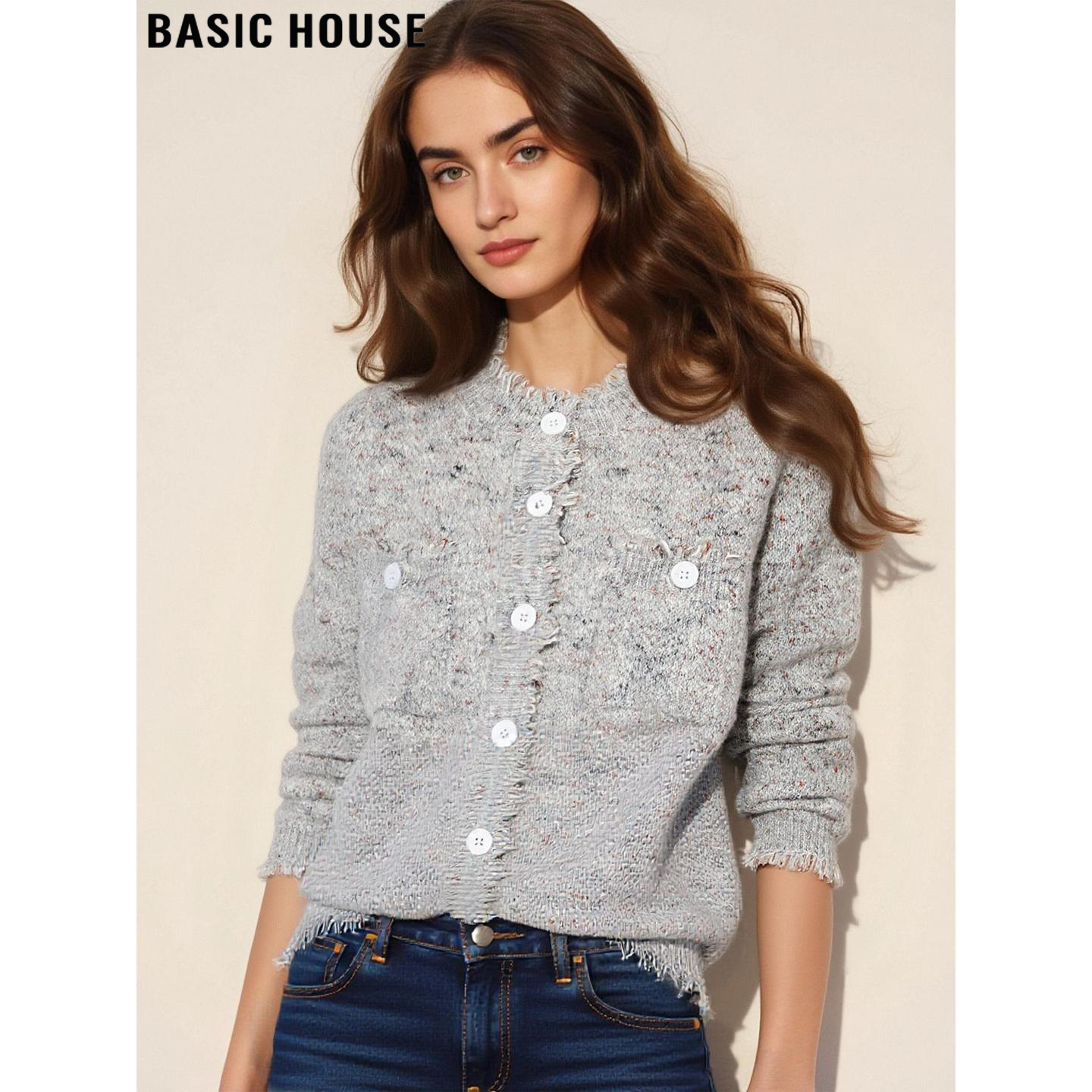 Basic House/百家好法式小香风圆领针织开衫女冬季独特别致短外套