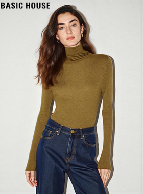 Basic House/百家好黄色高领羊毛针织衫女冬季简约基础款软糯毛衣