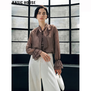 House 新款 百家好格纹飘带荷叶边喇叭袖 女2026春季 雪纺衬衫 Basic