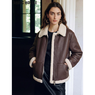 Basic House/百家好咖色皮毛一体外套女士冬季高级感加厚保暖夹克