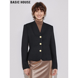 Basic House/百家好黑色v领西装女2026春季新款收腰短款西服外套