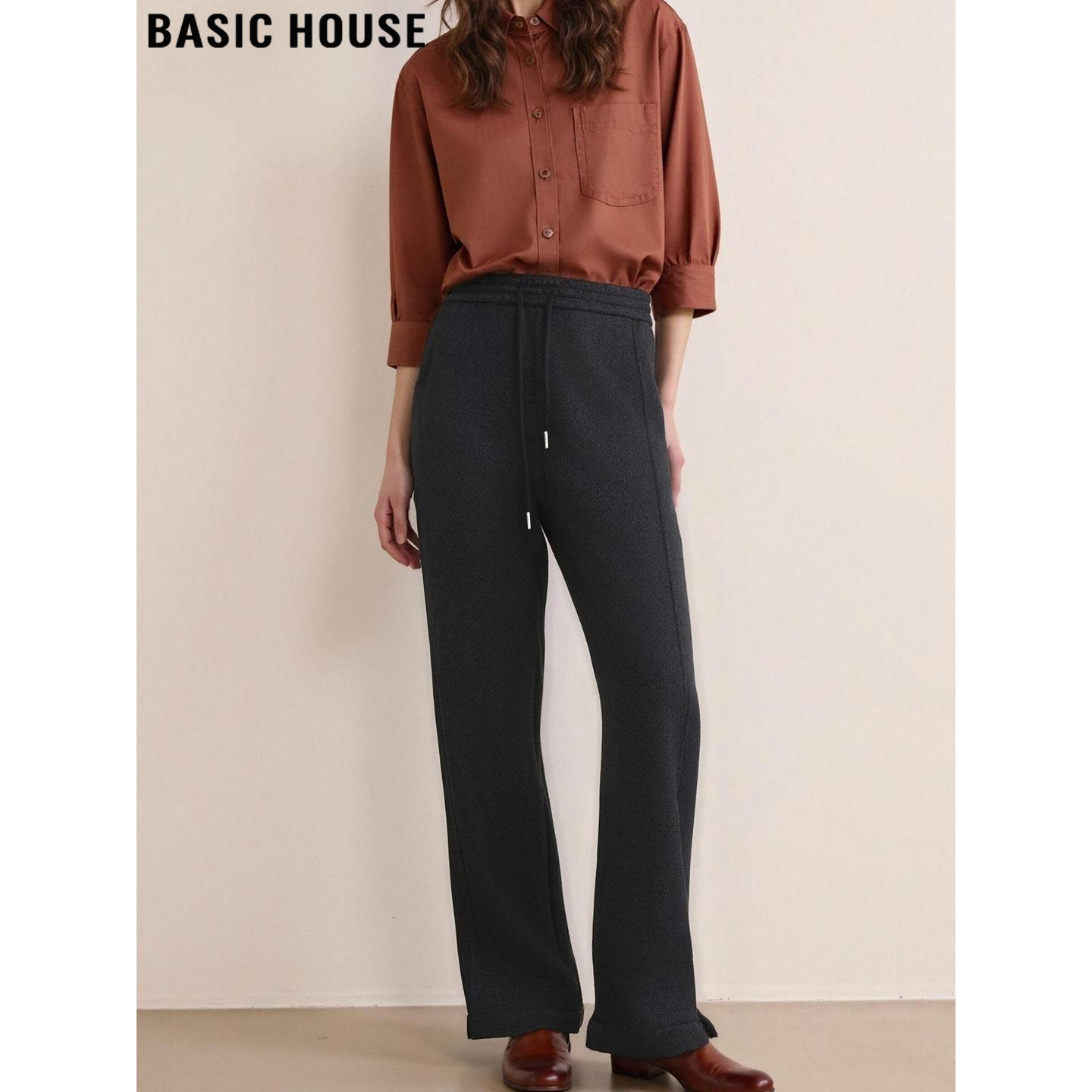 Basic House/百家好灰色阔腿运动裤女士冬季加绒加厚高腰直筒卫裤