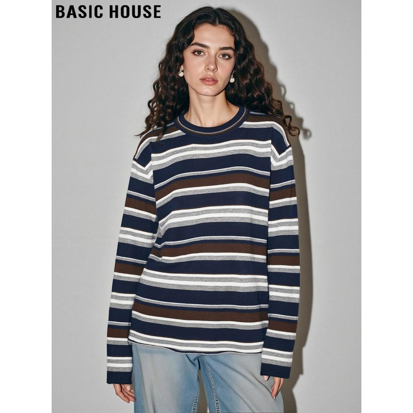 Basic House/百家好蓝色条纹羊毛针织衫女2026春季新款慵懒风毛衣,女装/女士精品,毛针织衫,淘宝优惠券,粉丝福利购,淘宝优惠卷