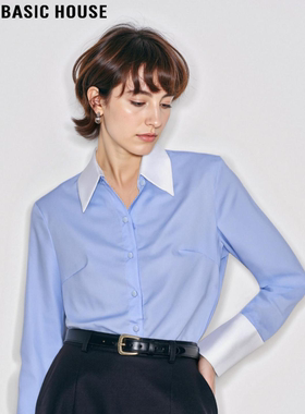 Basic House/百家好撞色翻领衬衫女2026春季新款叠穿蓝色长袖衬衣
